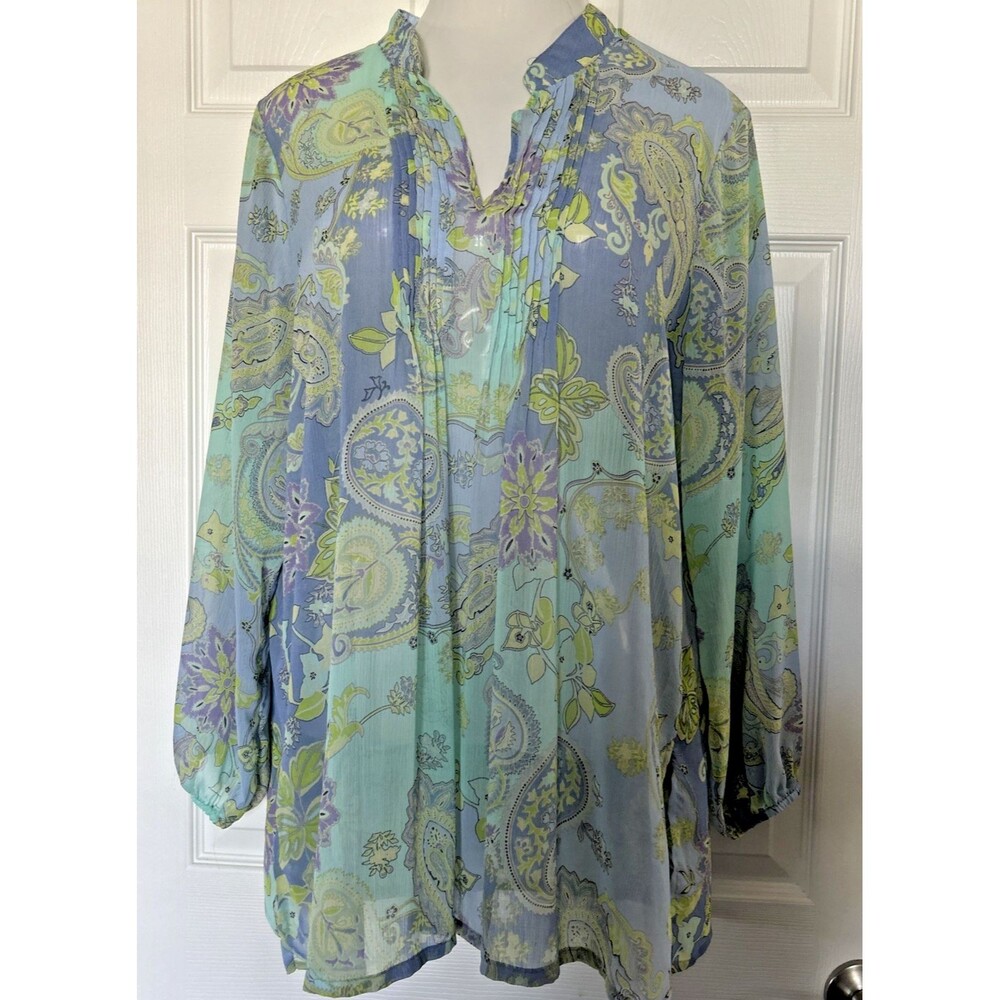 Susan Graver Sheer Blue Chiffon Printed Tunic 1X Floral Paisley Pintuck Pullover